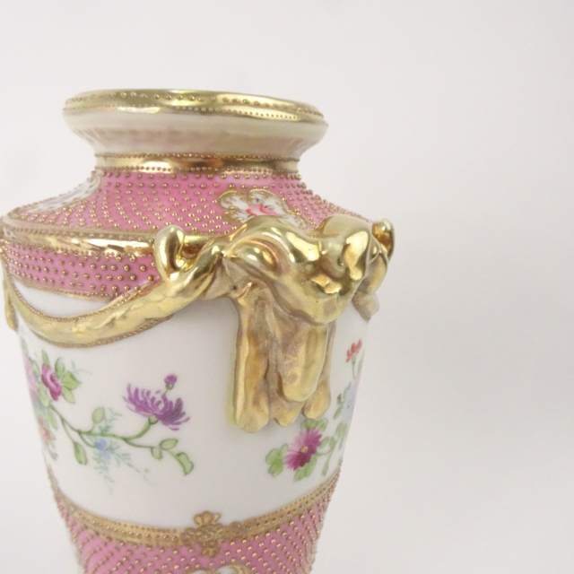 オールドノリタケ ピンク 花図 金彩 金点盛り 壺 花瓶