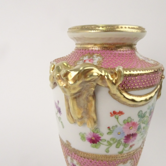 オールドノリタケ ピンク 花図 金彩 金点盛り 壺 花瓶