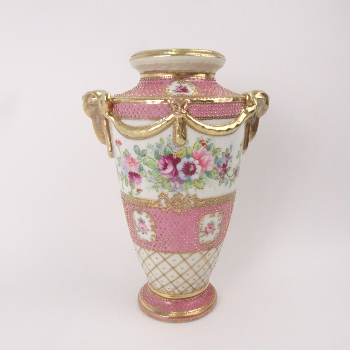 オールドノリタケ ピンク 花図 金彩 金点盛り 壺 花瓶