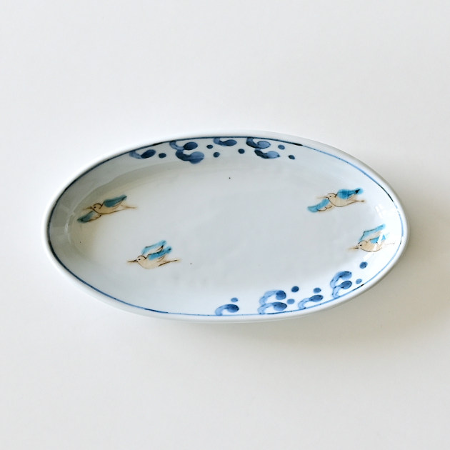清水なお子　波に千鳥文楕円皿