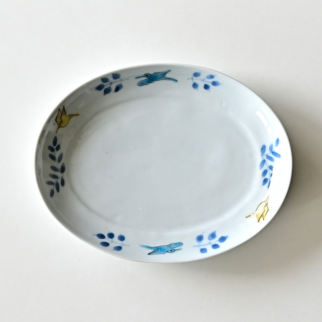 清水なお子　草花に鳥楕円皿
