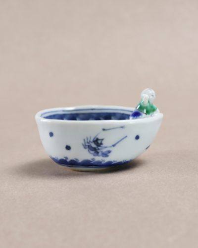 新道工房　色染付唐子舟遊び猪口（海老）