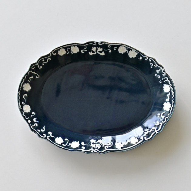 阿部春弥・みか　淡ルリ掛分けレリーフオーバル