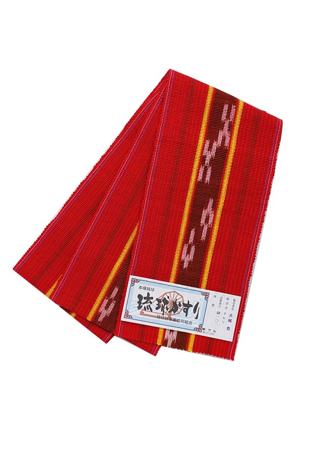 【琉球かすり半巾帯】赤地　茶絣黄縞