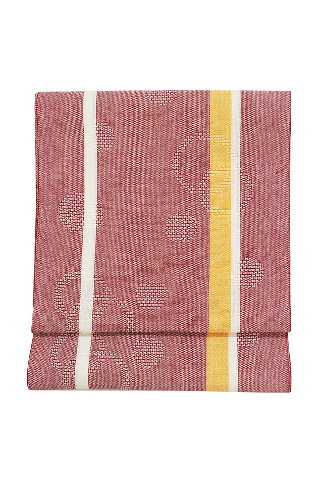 【麻織八寸帯】丸紋入　薄赤地　山吹白縞　