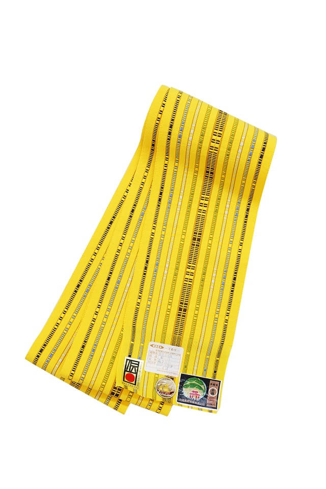 【道屯半巾帯】黄色地多色縞　茶緑ブルー濃淡