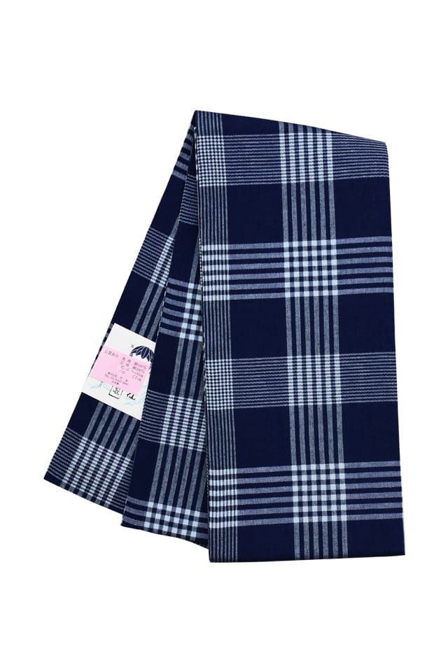 【明石半巾帯】 紺地　白　大小格子