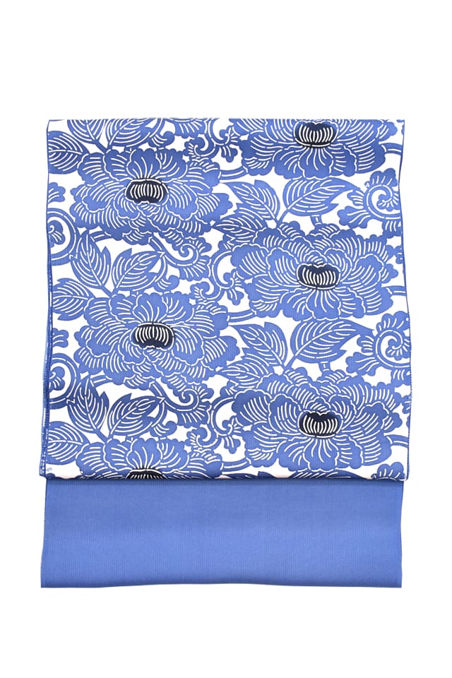 『染名古屋帯』越後型　牡丹唐草　青