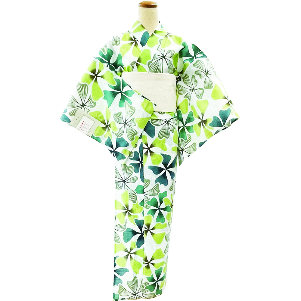 【浴衣プレタ】女性 『綿絽白地』蔓桔梗／グリーン ＜Sサイズ＞