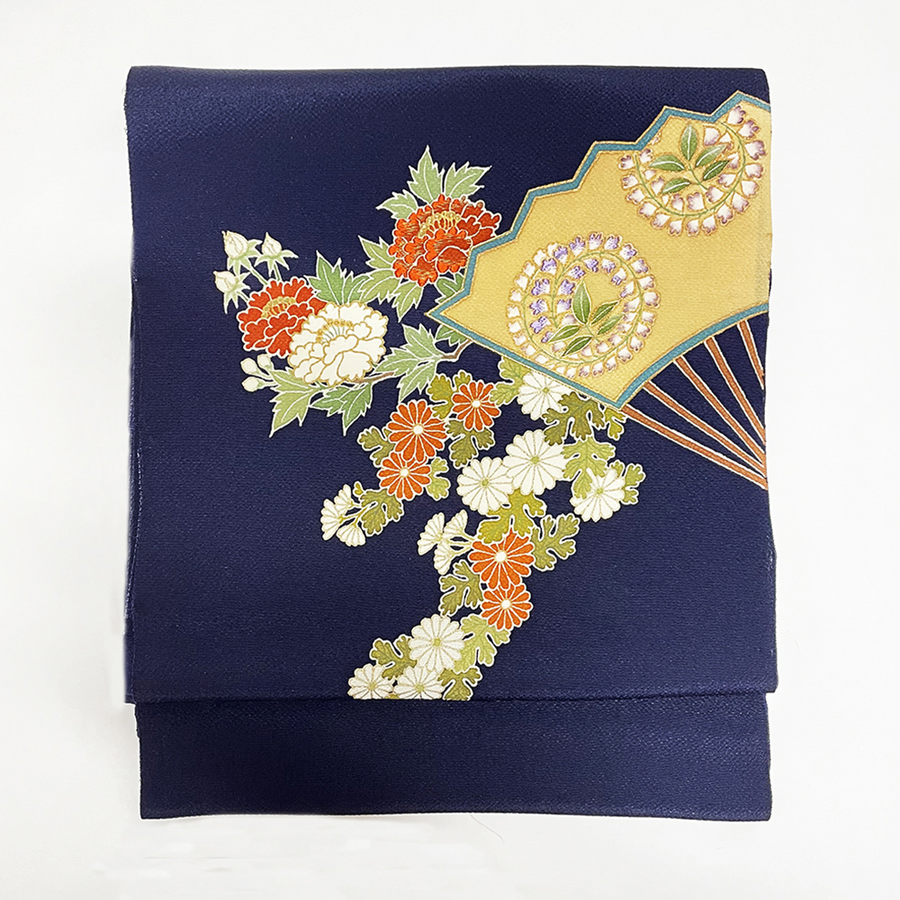 『江戸友禅名古屋帯』舞扇に菊牡丹に藤の丸