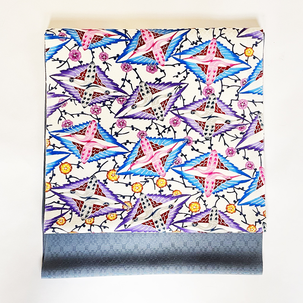 『染名古屋帯』琉球紅型　向かい鶴菱