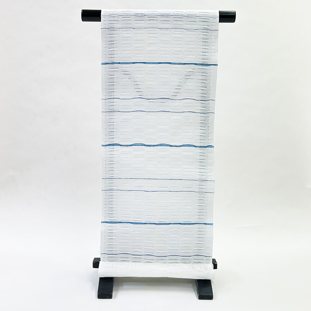 『麻織八寸帯』白地×青・水色