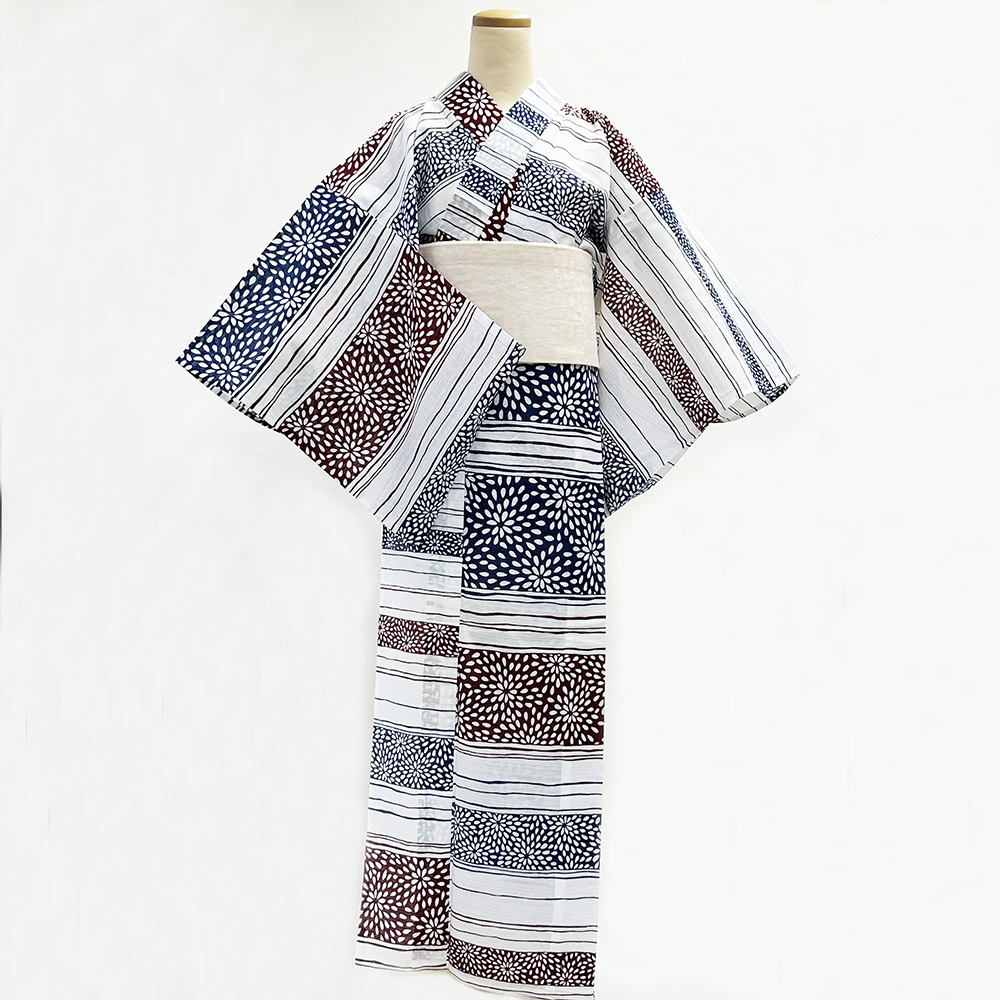 『アウトレットプレタ』綿絽白地　むじな菊横段