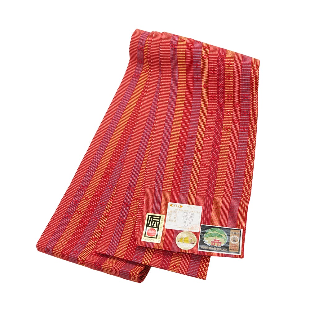 【花織半巾帯】茜色地花織　赤系黄ブルー