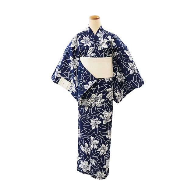 【浴衣プレタ】女性 『コーマ地染』百合尽くし 納戸  ＜Mサイズ＞