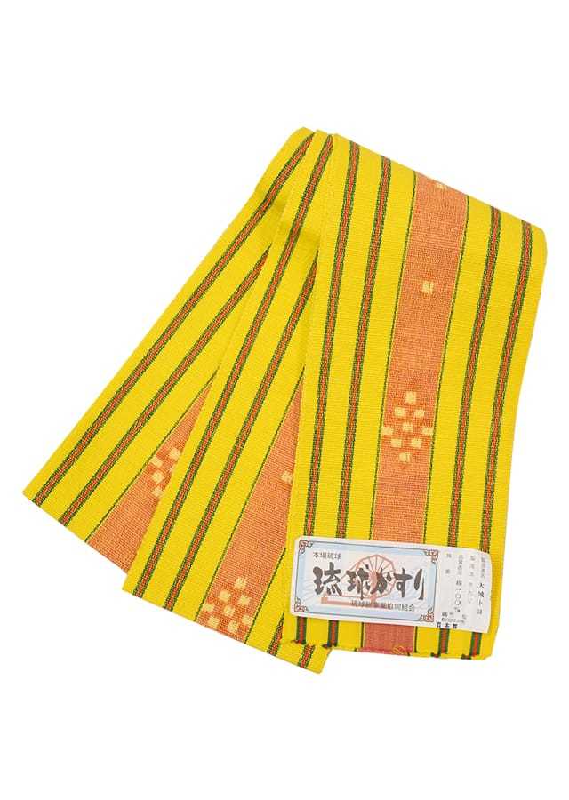 琉球かすり半巾帯】黄色地赤緑オレンジ縞