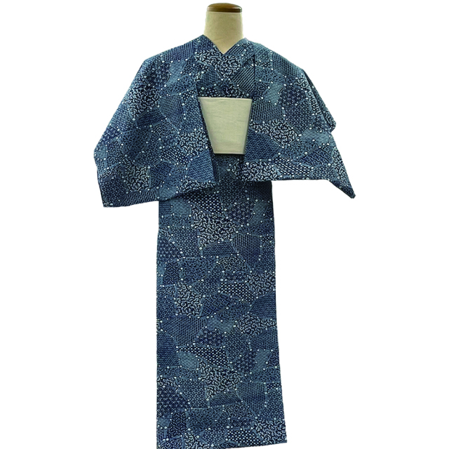 未着用 藍染にたたき染 リーフ模様の小紋 着物 ささい 