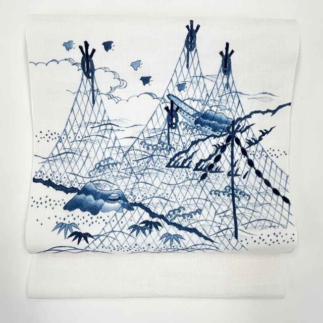 白萩越しに河を渡る船頭の麻帯 激しい 名古屋帯 本麻 