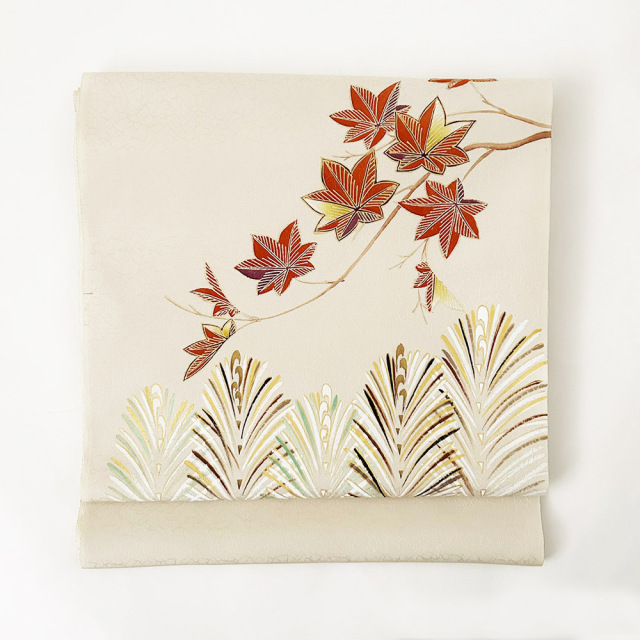 『染名古屋帯』手描き友禅　紅葉に若松