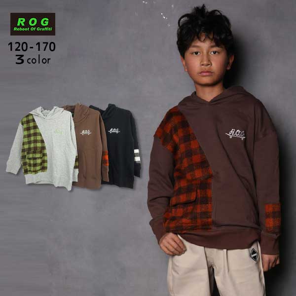 【2025秋冬新作】R.O.G(アールオージー)チェック柄切替ビックパーカー【140サイズまでメール便送料無料】