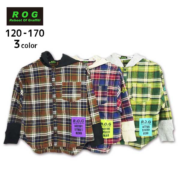 【SALE】R.O.G(アールオージー)チェック柄ビックパーカーシャツ【140サイズまでメール便送料無料】