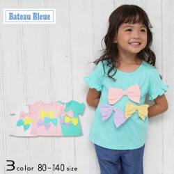 【20％OFFSALE】Bateau Bleue(バトーブルー)袖フリル＆リボン半袖Ｔシャツ【メール便送料無料】