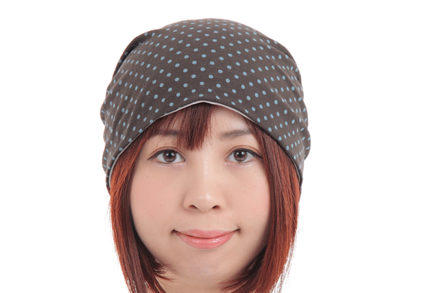 水玉キャスケット　ブラウン　正面　脱毛帽子　裏地付き　夏向け　薄い　軽い　リプロ