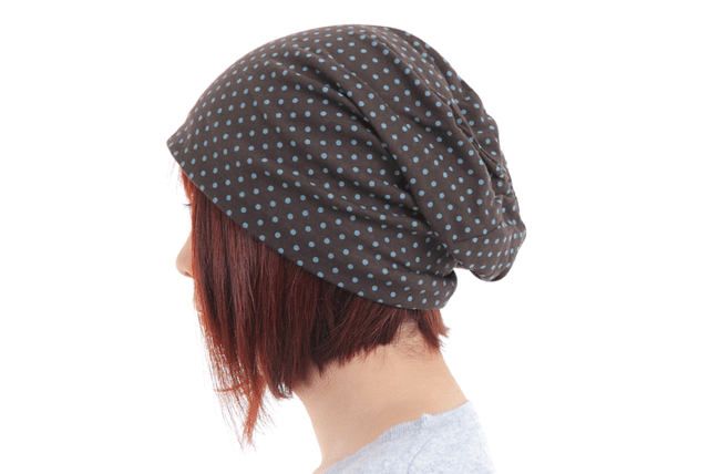 水玉キャスケット　ブラウン　横　脱毛帽子　裏地付き　夏向け　薄い　軽い　リプロ
