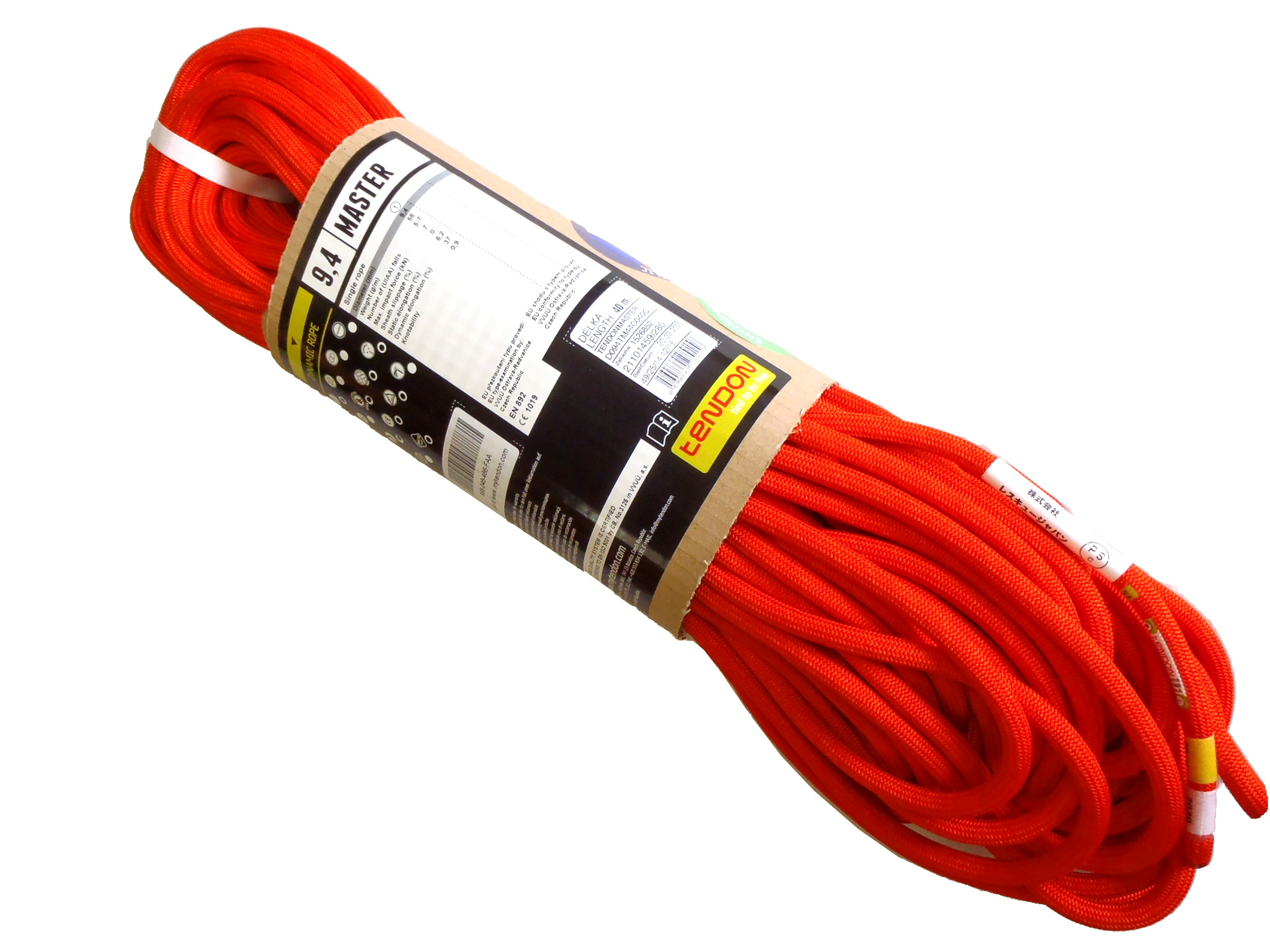 テンドン クライミングロープ マスター 9.4mm 40ｍ ブライトオレンジ コンプリートシールド加工