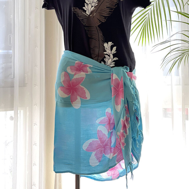 タヒチアンパレオ ブルー ピンク プルメリア Thp 056