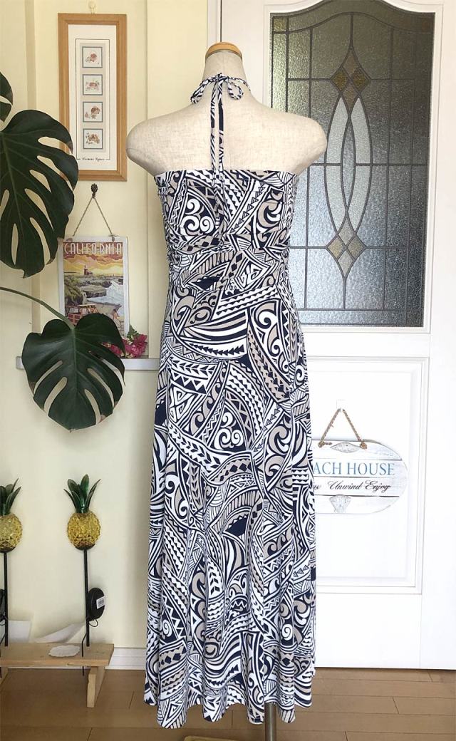 Lahaina 2wayワンピース タヒチアンタツー柄 (ブラック) K1909HTB 高速配送 タヒチアンワンピース ひざ丈ワンピース
