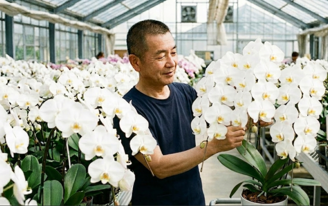 ギフトフラワー胡蝶蘭園にて1鉢ずつ検品する農園責任者 菅原敏文