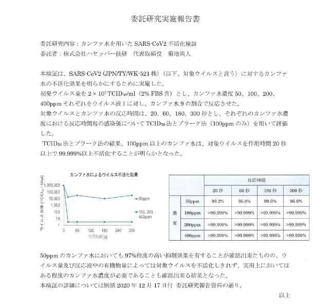 新型コロナウイルス,有効性,エビデンス,立証,委託研究,報告書,北里大学,医療衛生学部,カンファスイ,カンファ水