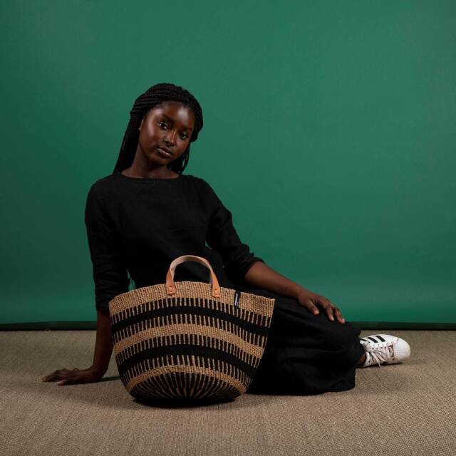 Mifuko ミフコ｜Pamba バスケット［ウール＆ペーパー］トートバッグ［ショートハンドル］Mサイズ ブラックリブ