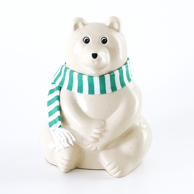 【2017年限定】しろくま貯金箱｜グリーン（フリンジ白）ボーダーマフラー付き Polar Bear Money Box