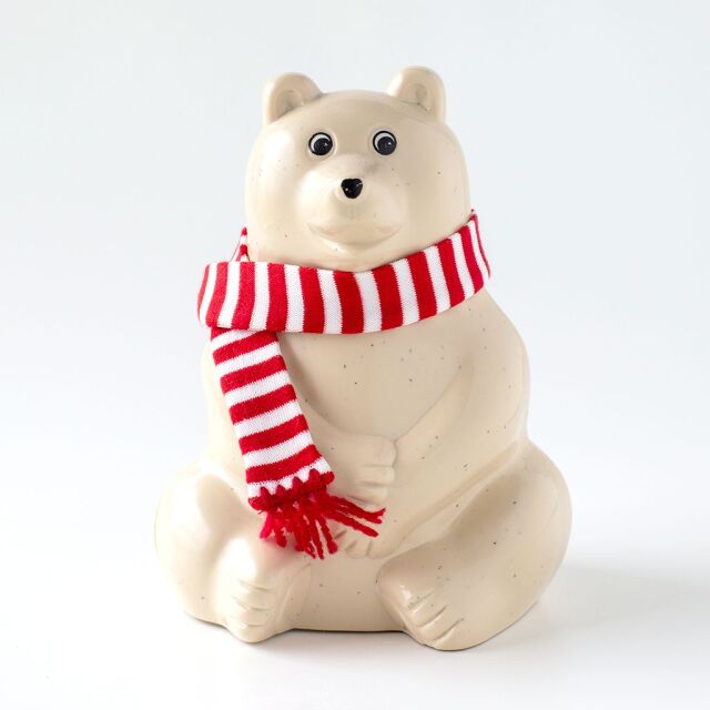 【2025年限定】しろくま貯金箱｜ブルーボーダーマフラー付き Polar Bear Money Box