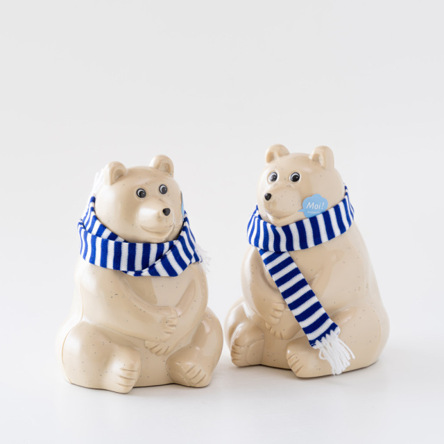 【2025年限定】しろくま貯金箱｜ブルーボーダーマフラー付き Polar Bear Money Box