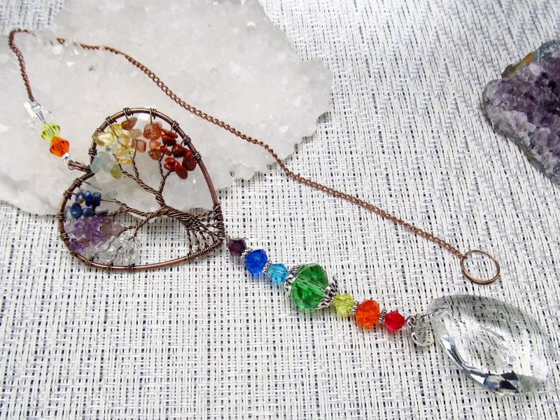 ツリーオブライフ ハート型 サンキャッチャー 全長約41cm クリスタルガラス 約27mm×38mm チャクラパワー 天然水晶 クリスタルガラス&天然石チャクラ