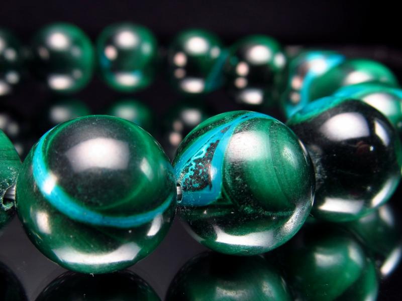 鑑別書付属 稲妻のようなブルーマーブル クリソコラ マラカイト ブレスレット 13mm-13.5mm×16珠 日本初上陸 ブルーライトニング 大人気のヒーリングストーン