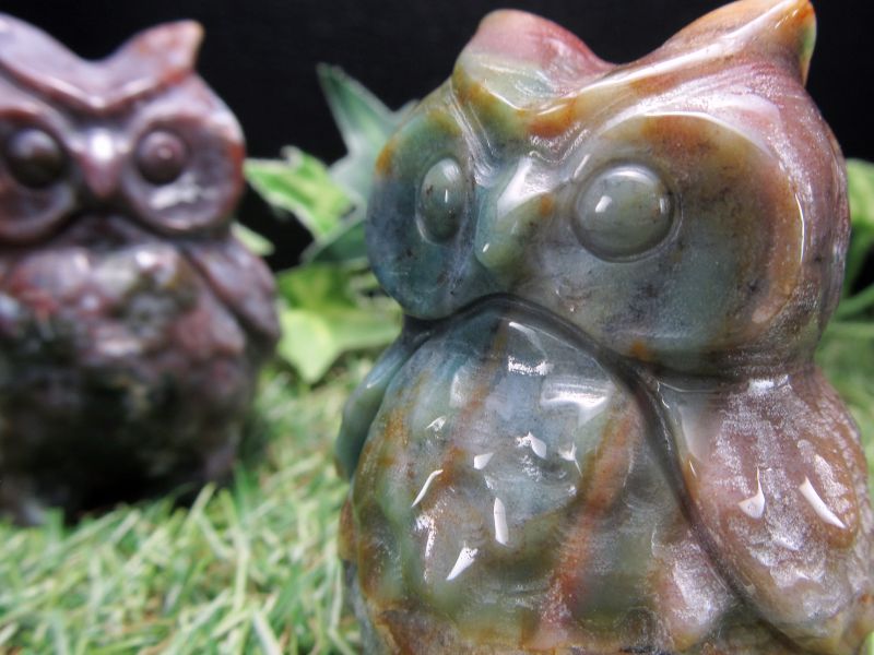 オーシャンジャスパー フクロウ彫り 置物 重さ約130-160g ふくろう 不苦労 唯一無二の模様 自然が作り出す大胆なペインティング マダガスカル産