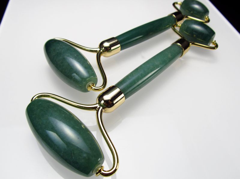 天然石 美顔ローラー アベンチュリン 全長約145mm 砂金水晶 ゴールドカラー金具