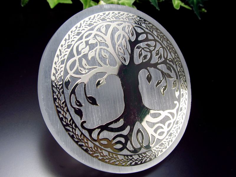 1個売り【美品キャッツアイ セレナイト (ジプサム 透石膏) ツリー・オブ・ライフ サークル型プレート】直径約83mm×厚さ約8mm ゴールド 聖母マリアのガラス シルクのような繊維質 コースターにも【モロッコ産】