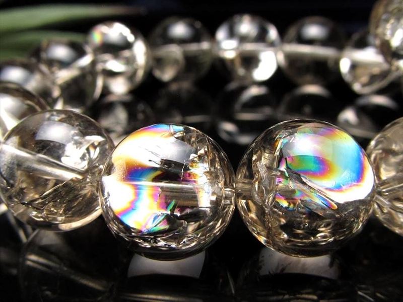 大珠 虹入り スモーキークォーツ 煙水晶 ブレスレット 14mm-14.5mm×15珠前後 邪気払いの石 希望と幸運を呼ぶ虹色の輝き アイリス ブラジル産