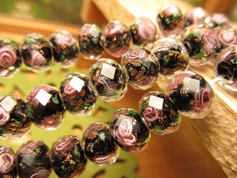 トンボ玉 とんぼ玉 金彩ローズタイプB ラウンド型 9.5-10mm 一連 約37cm 約50珠 昔ながらの人工ビーズ 激安 ビーズ rn-p パワーストーン 天然石