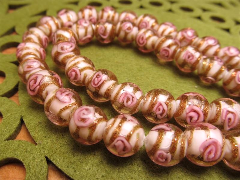 トンボ玉 とんぼ玉 金彩ローズタイプB ラウンド型 10mm 一連 約33cm 約35珠 昔ながらの人工ビーズ 激安 ビーズ rn-p パワーストーン 天然石