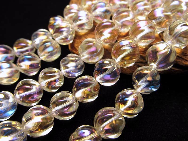 9.5-10mm珠 コスモオーラ ウェーブカット 一連 約38-40cm 蒸着水晶 極上波カット rn-p パワーストーン 天然石