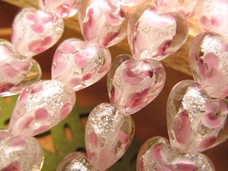 トンボ玉 とんぼ玉 銀彩ローズタイプA ハート 15mm 一連 約34cm 約25珠 昔ながらの人工ビーズ 激安 ホタルガラス ビーズ ハート型 rn-p パワーストーン 天然石