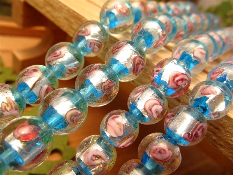 トンボ玉 とんぼ玉 銀彩ローズタイプB ラウンド型 約12mm 一連 約32cm 約30珠 昔ながらの人工ビーズ 激安 ビーズ rn-p パワーストーン 天然石