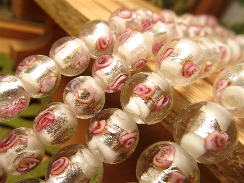 トンボ玉 とんぼ玉 銀彩ローズタイプD ラウンド型 約10mm 一連 約30cm 約35珠 昔ながらの人工ビーズ 激安 ビーズ rn-p パワーストーン 天然石