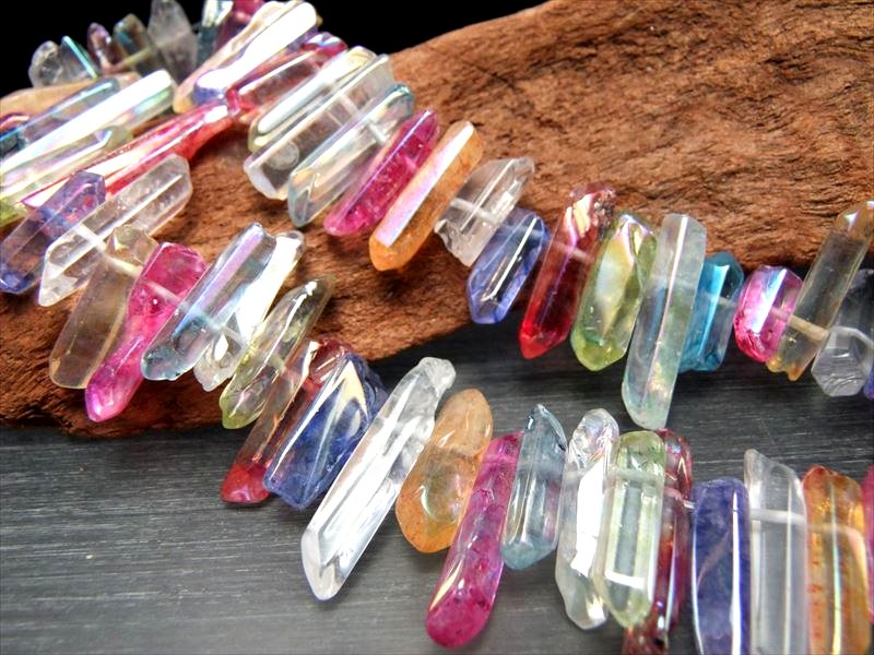縦約15-40mm MIXカラーオーラ ナチュラルポイント連 一連約38-40cm 虹色光沢 ハンドメイド クレオ穴 ブラジル産 rn-s